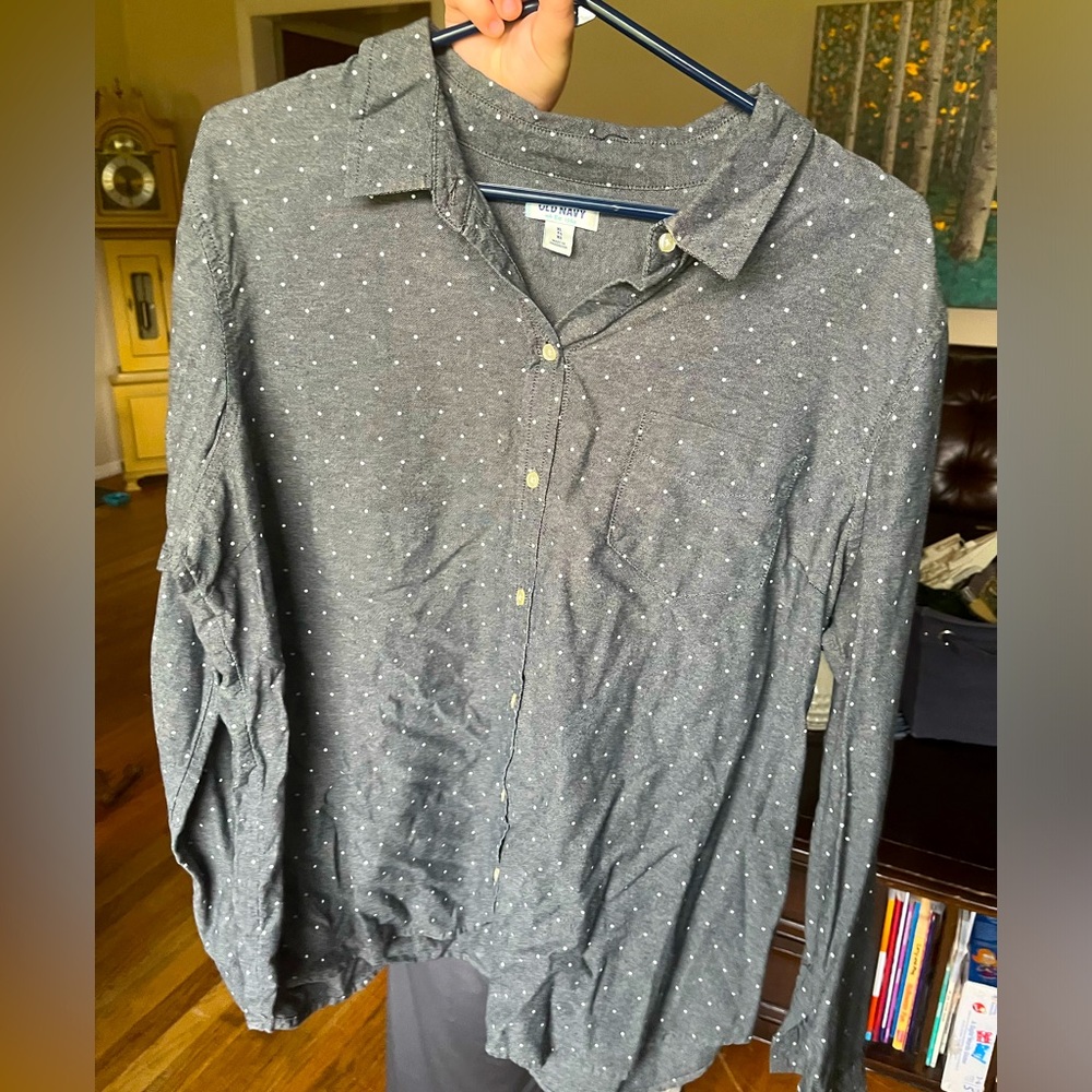 Old Navy Women’s Gray w White Polka Dots Button Down, Size XL